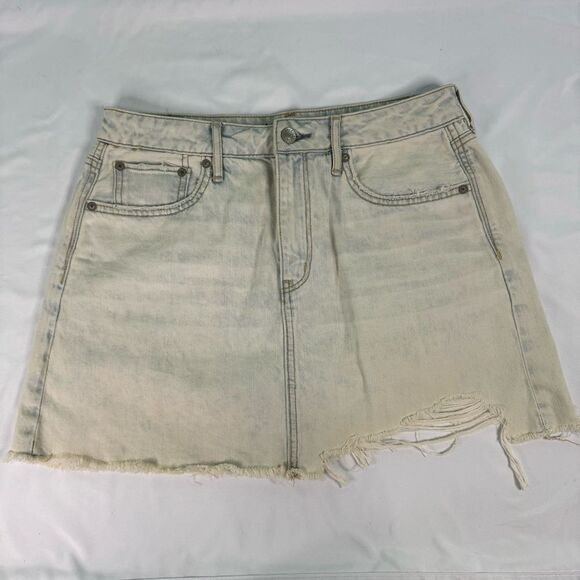 American Eagle sz 8 SHORT Light Wash Super High Waist Festival Denim Mini Skirt - Picture 1 of 9